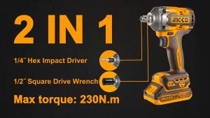 INGCO สว่านไขควง/บล็อกกระแทก 20V แรงบิด230NM รุ่น CIWLI20236 2in1 ใช้งานได้ 2 แบบ มอเตอร์บัสเลส