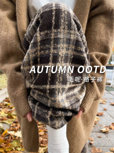 Quần Ống Rộng Vải Len Kẻ Caro Màu Nâu Cho Nữ Mùa Thu Đông Lót Lông Cừu Cao Cấp Rộng Rãi Thoải Mái Phong Cách Retro