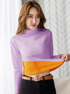 Winter Thickened Warm Womens T-shirt with Half High Collar Black Base Shirt for Party Occasions Slim Fit Polyester Fabric