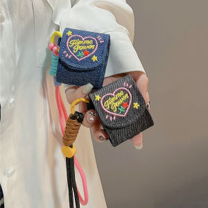 CrashStar Denim Cloth Heart Embroidery Soft AirPods Case With Lanyard For AirPods 1 2 3 AirPods Pro 2 4 InPods 12 i12 Wireless Bluetooth Headset Headphones Earphone Bag Shockproof Cover Casing Hot Sale