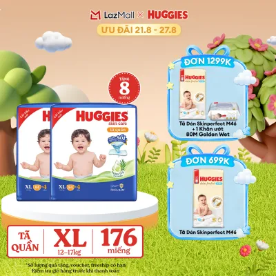 [17-24.08 GIẢM THÊM 90K] Combo 2 Gói Tã/bỉm quần HUGGIES SKINCARE MEGA JUMBO size XL84+4 miếng