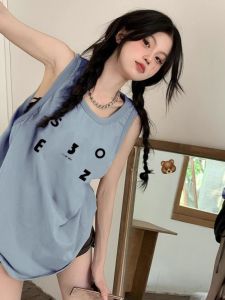 Áo Vest Không Tay Cotton Nguyên Chất Pure Cotton Vest Không Tay Không Dây Vest Không Dây Dáng Rộng Cổ Treo Mùa Hè Áo Thun Cổ Tròn