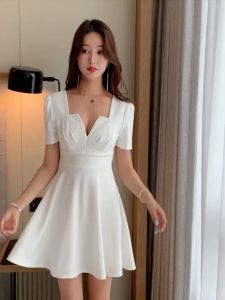 FASHLOVER Dress Female Summer French Style Square Neck Small Dress Waist Closing Temperament Short Skirt