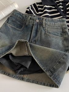 กระโปรงยีนส์ทรงเอเอวสูงสีเข้มสไตล์ย้อนยุคสำหรับผู้หญิง ฤดูใบไม้ผลิ 2025 กระโปรงสั้นป้องกันแสงสะท้อนใหม่ กระโปรงสั้นทรงเอ