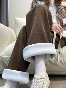 Slim Fit Wide Leg Pants Womens Casual Loose Fleece Lined Autumn Winter Straight Cut Trousers Korean Style High Waist Elastic