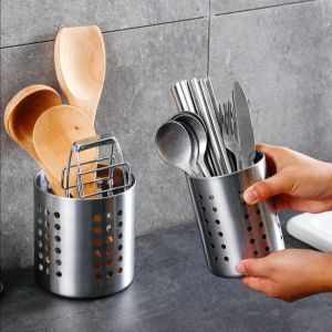 YESPERY Stainless Steel Cylindrical Chopstick Holder Kitchen Utensil Organizer Storage Box Home Cutlery Draining Basket