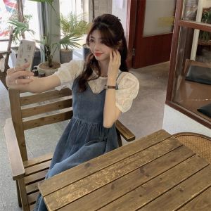 ชุดเดรสเด็กผู้หญิงสไตล์ฝรั่งเศสฤดูใบไม้ผลิและฤดูร้อน ชุดเดรสยาวแขนกุดเอวสูง กระโปรงทรงเอ แขนสั้น สีพื้น