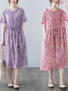 Váy Midi Cotton Lanh Họa Tiết Hoa Cạp Chun Thắt Lưng Cho Nữ Mùa Hè Dáng Chữ a Váy Dài Tay Ngắn Cổ Chữ V