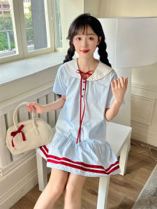 Mud Youth Loose College Style Dress with Red Ribbon Butterfly Knot Short Skirt Light Blue Womens Cotton Gown Summer 2024