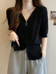 plus Size Womens Korean Style Ice Silk Knitted Short Sleeve Top Slimming Double Zipper Summer Fashion Casual Inner Wear