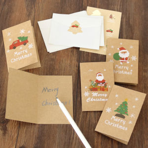 6Pcs/Set Merry Christmas Greeting Cards Santa Claus Snowman Blessings Half-fold Gift Cards Envelopes with Stickers Christmas New Year Envelope