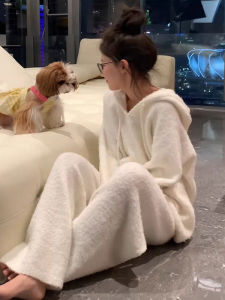 Internet Hot Lazy Style Beibei Velvet Pajamas Womens Autumn and Winter Fleece-lined Thick Coral Fleece Heattech Hooded Tracksuit Suit