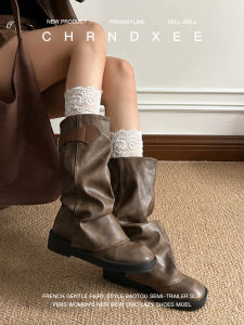 Retro Faded Leather Mid-Calf Western Boots Women Winter Thick Bottom Tube Pants Boot round Toe Fashion Boots Pig Skin Lining