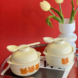 Milk Fufu Ceramic Binaural Instant Noodle Bowl Bowl with Lid Food Grade Microwaveable Heating Student Large Capacity Noodle Bowl