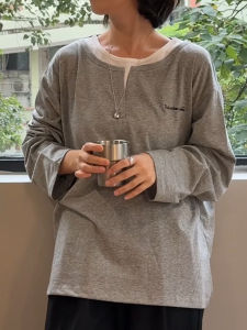 SUOXIMENG | Large Size Grey Round Neck Faux Two-Piece Top Womens Fashion Trend Autumn Commute Style Versatile Ageless Classic