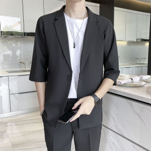 Casual Mens Blazer Set Lightweight Seven-Half Sleeve Korean Style Loose Fit Summer Thin Fashion West Coast Style Two-Piece Suit