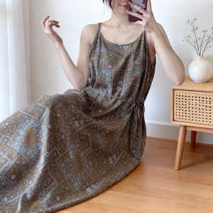 KASIHAN | Summer Lightweight Spaghetti Strap Mid-length Loose Plus Size Retro Floral Print Rayon Nightgown