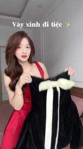 Đầm giáng sinh đầm tiểu thư dáng ngắn mặc lễ Tết chất Nhung bí bồng có mút ngực dây nơ