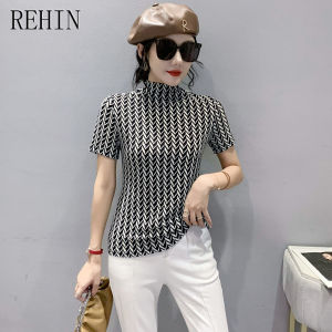 REHIN Autumn new fashion printed half-high collar short-sleeved T-shirt versatile and slimming womens top