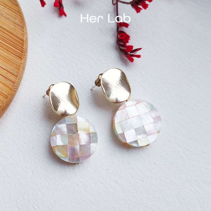 Her Lab jewelry 18K Gold Plated Double Hoop Dangle Earrings Disc