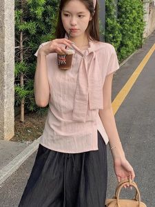 Slim Fit Short Sleeve Shirt Womens Summer New Design Sense Waist Cinching Slimming Top Trendy Pure Color Uneven Stripes Blouse