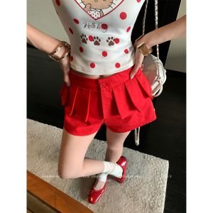 Dotted Print Short Sleeve T-shirt and Red High Waisted Pleated Skirt Set