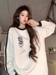 Áo Nỉ Cổ Tròn Sọc Trắng Mỏng Mùa Xuân Thu Rộng Rãi Phong Cách Mỹ Cổ Điển Cho Nữ Cỡ Nhỏ Thời Trang