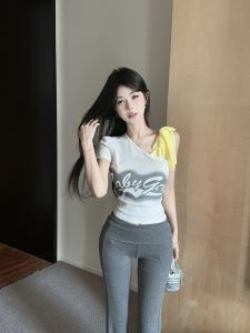 GUZILIAN | Korean Style Versatile Letter Tie Shoulder Short Sleeve T-Shirt Women Summer Slimming Hot Girl Design Short Top Commute Style