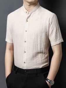 ROMON | เสื้อเชิ้ตแขนสั้นผ้าไหมน้ำแข็ง RoMeng สำหรับผู้ชาย ฤดูร้อน ปี 2025 เสื้อเชิ้ตคอตั้งสไตล์จีน ลำลอง ใส่ไปทำงาน ทรงหลวม