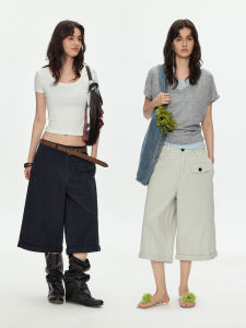 American Retro Utility Wide Leg Shorts Side Pockets Cuffed 3D Cutting CleanFit