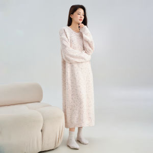 MiiOW | Thickened Half-Fleece Sleepwear Womens Autumn Winter Home Clothes Long Sleeve Round Neck Pure Color Home Leisure Plus Size