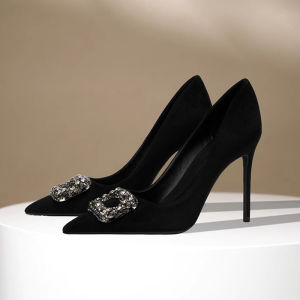 Elegant Black Rhinestone Square Buckle High Heels Womens Thin Heel Fashionable New French Velvet Pointed Toe Single Shoes