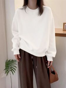 Womens round Neck Thickened Fleece Sweatshirt Loose Fit Spring Autumn plus Size Big Code Fat MM Capless Top White