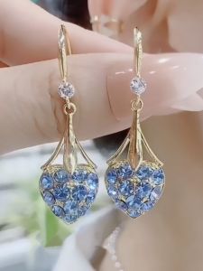 Ultra-Shiny Blue Full-Diamond Heart Shaped Earrings Elegant New Style Drop Earrings Trendy Pink Heart Fashion Jewelry Accessories