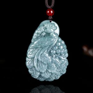 TIMESWIND Natural Ice Jade Blue Peacock Carving Auspicious Pendant with Certificate for Men