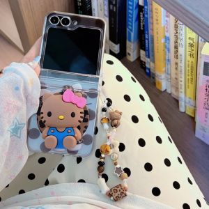 Sanrio | Sanrio Leopard Print Hello Kitty Magnetic Stand Holder + Hinge Protect Case for Samsung Galaxy Z Flip 8 7 7FE 6 5 Lanyard Cover