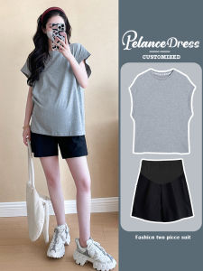 Maternity Sleeveless Top And Shorts Set Light Grey Thin Cotton Casual Loose Summer Outfit Two-Piece Ensemble for Pregnant Women