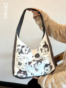 Korean Style Bag Large Capacity Idle Style Cute Cat Cartoon Class Canvas Bag Female Work Commuter Bag AI V18