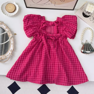 Menoea ชุดเด็กผู้หญิงลายแฟชั่นเวอร์ชันเกาหลีชุดเจ้าหญิงแขนแบบฟูสั้นลายตารางหมากรุกสีแดงเสื้อผ้าลำลองสำหรับเด็กอายุ3-7ปี