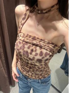 Beach Vacation Leopard Print Slim Fit Mesh Halter Neck One Shoulder Top for Trendy Women Short Length Folded Edge 2024 Summer