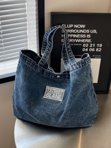 Túi Tote Đeo Vai Đơn Dung Tích Lớn Đồ Đi Làm Phong Cách Retro Túi Vải Denim Đơn Giản Thường Ngày Túi Vải Tote Dây Đơn