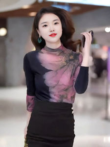 Tie-Dye Print Base Shirt Spring Autumn High Collar Long Sleeve Womens Slim Fit T-Shirt Korean Style Commute Net Cloth Inner Wear