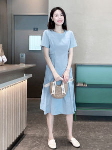 Mayya Plus A-Line Dress Short Sleeve Cotton Polyamide Nylon Spandex Midi Dress Ruched Waist Stereo Clipping Solid Color Pullover
