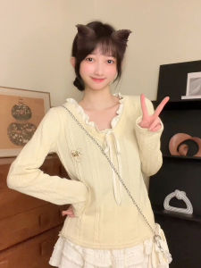 Sweet Soft Style Womens Long Sleeve V-Neck Knitted Top with Butterfly Knot Twist Polyester Spandex Blend Commute Fashion