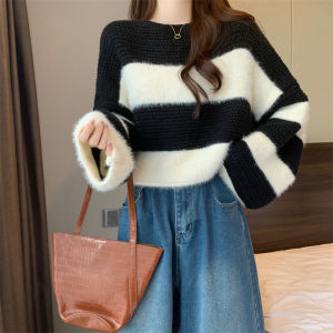 Retro Color Block Soft Cozy Knitted Sweater Womens Loose Fit Overhead Lazy Top Spring Autumn New Style Slimming Short Length