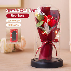 Valentines Day Gift Artificial Rose Flower Soap Rose Mini Flower Bouquet for gift In Glass Bottle with string light