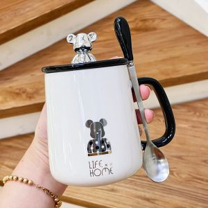 Popular Cartoon Bear Mug with Lid and Spoon Set Large Capacity Luxury Couple Mug