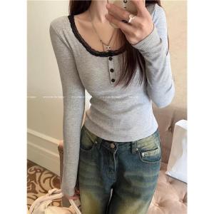 Long Sleeve Lace Splice U-Neck Womens Base Shirt Autumn Winter T-Shirt with Chest Pad Girls Inner Wear Bottoming Shirt