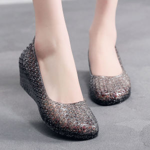 Womens PVC Crystal Sandals Thick Heel Anti-Slip Beach Casual Holiday Travel Summer Deodorant Hollow out Slip-On High Heels