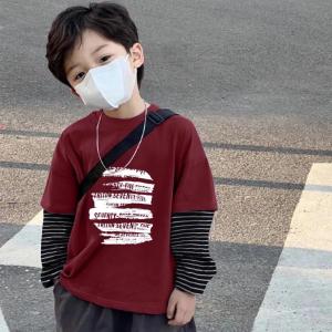 Trendy Cartoon Stripe Boys T-shirt Pure Cotton Long Sleeve round Neck Spring Autumn Base Layer Shirt Casual Loose Fit Kids Top